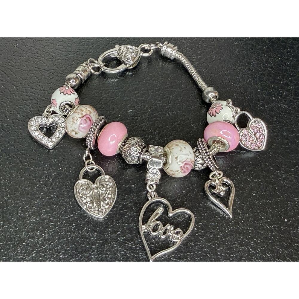 Pink Charm Love Rhinestone Hearts and Flowers Bracelet